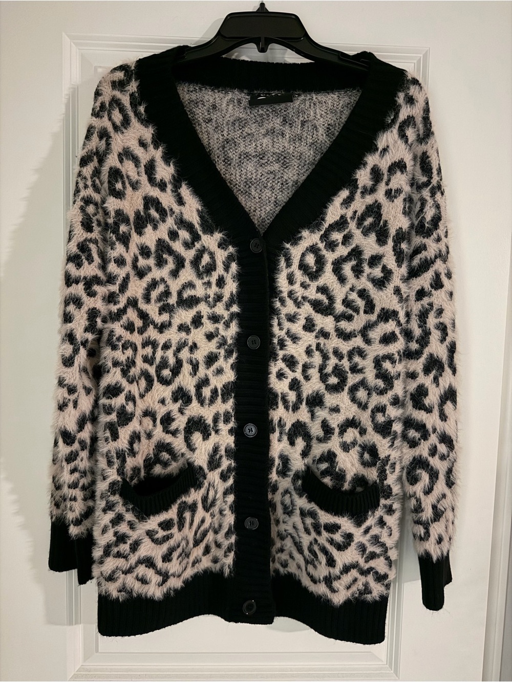 Midnight Hour Women’s Fuzzy Knit Leopard Cardigan Sweater Button Pockets